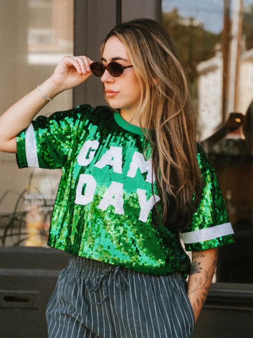 Pants Store Green Sequin Game Day Jersey Top shirt